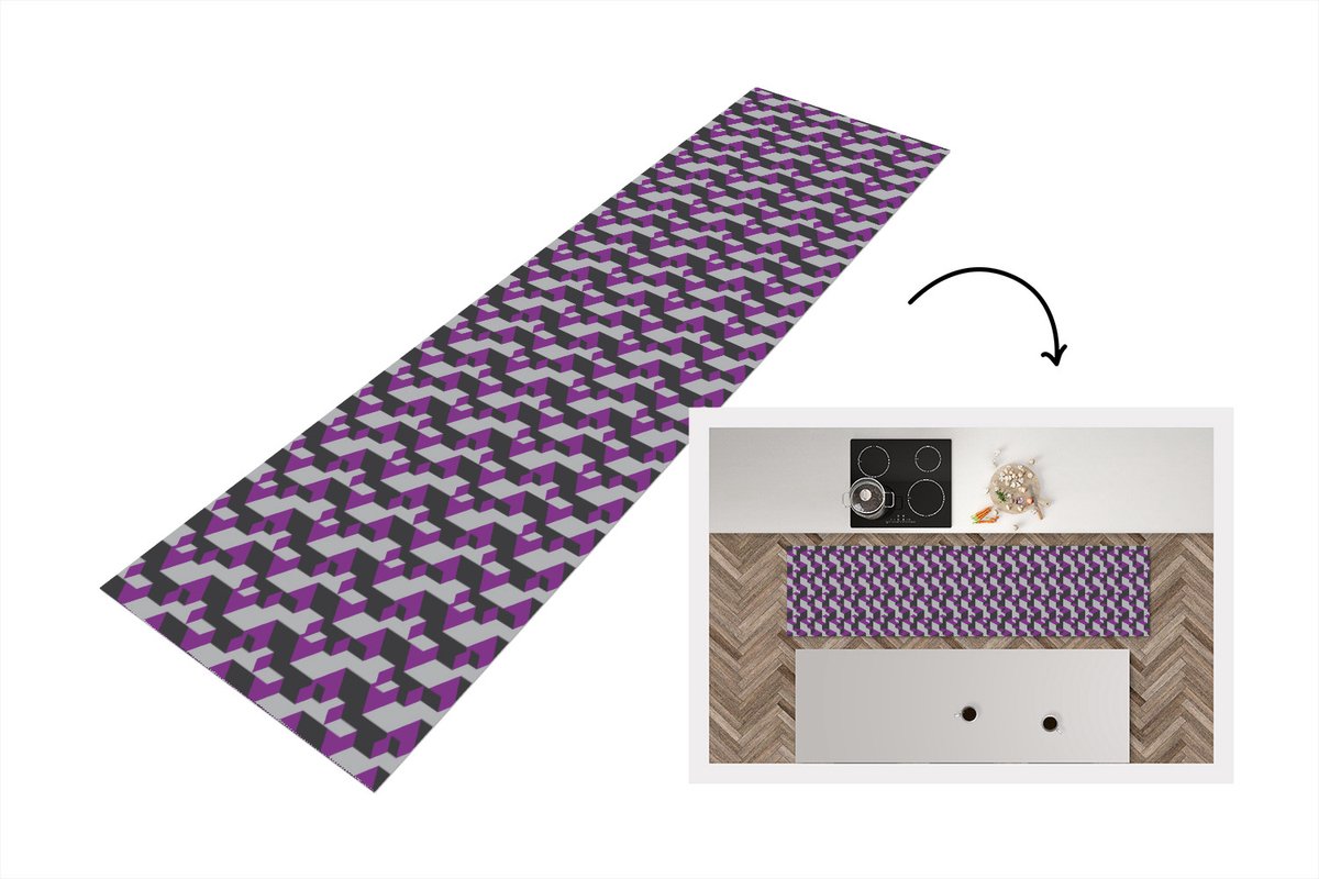 KitchenYeah Keukenloper - Loper keuken - Blokken - Patronen - 3D - Paars - Keukenloper vinyl, foto 6