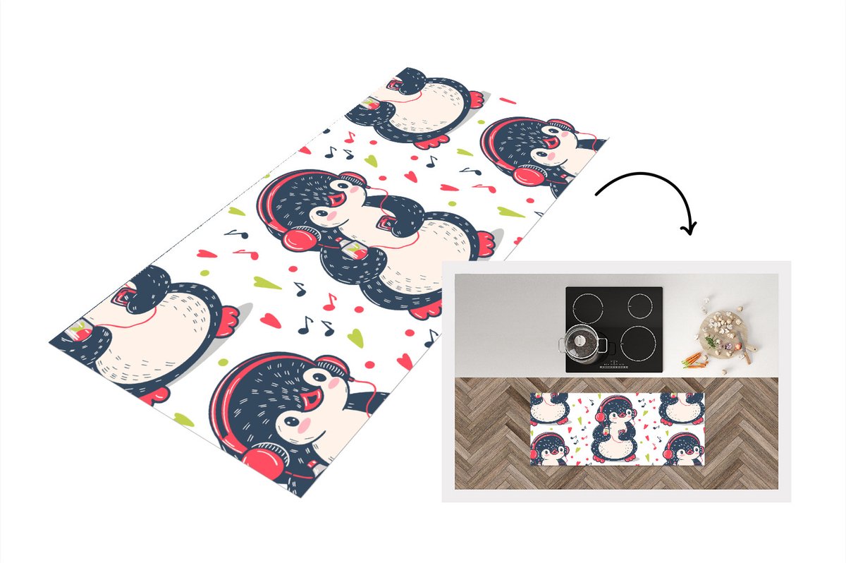 KitchenYeah Keukenloper - Loper keuken - Pinguïn - Muziek - Koptelefoon - Kinderen - Patroon - 120x50 cm - Keukenloper vinyl Multicolor