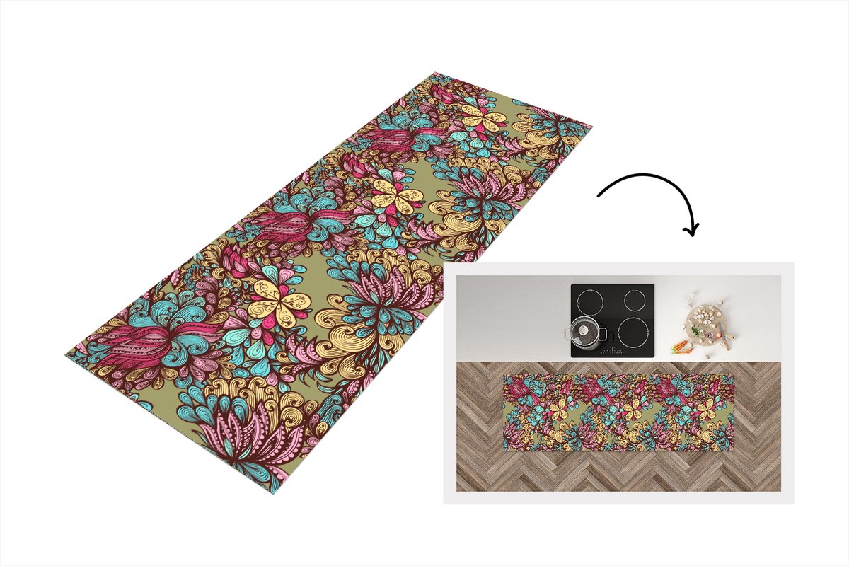 KitchenYeah Keukenloper - Loper keuken - Patroon - Bladeren - Abstract - 150x50 cm - Keukenloper vinyl Multicolor
