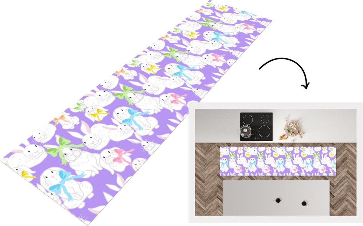 KitchenYeah Keukenloper - Loper keuken - Patronen - Konijn - Paars - Lente - 200x50 cm - Keukenloper vinyl Multicolor