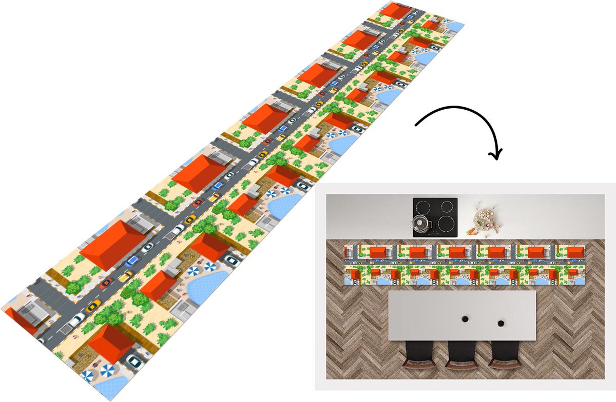 KitchenYeah Keukenloper - Loper keuken - Auto - Patronen - Wegen - Steden - 300x50 cm - Keukenloper vinyl Multicolor
