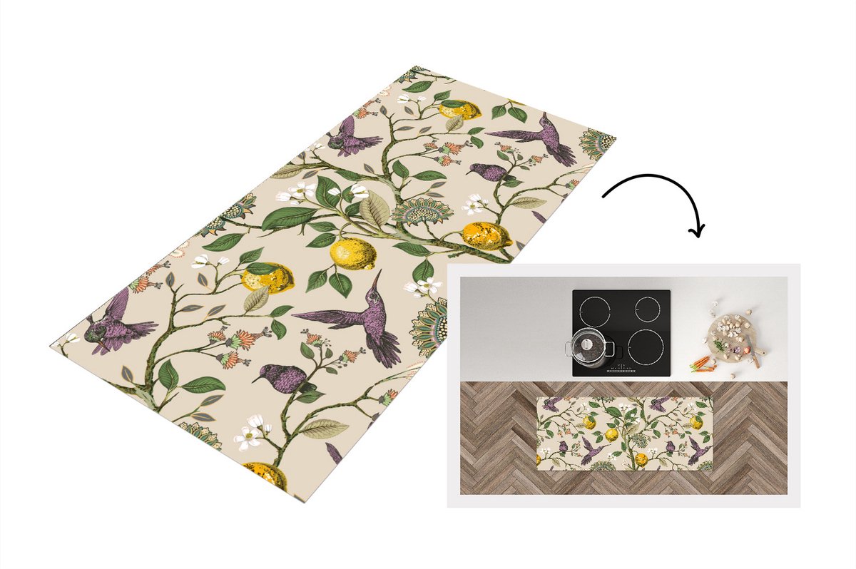 KitchenYeah Keukenloper - Loper keuken - Patroon - Vogel - Planten - Fruit - 120x50 cm - Keukenloper vinyl Multicolor