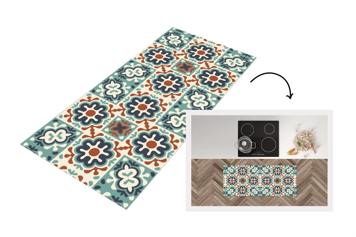 KitchenYeah Keukenloper - Loper keuken - Bloem - Ornament - Patroon - 120x50 cm - Keukenloper vinyl Multicolor