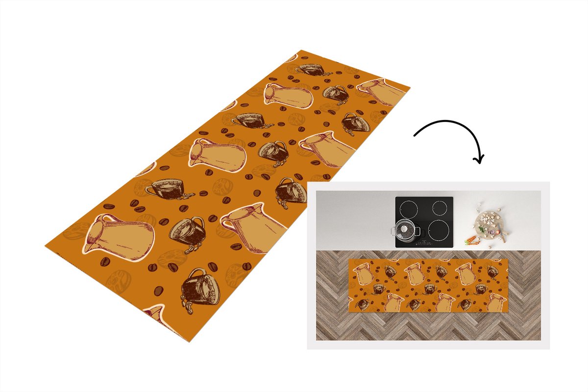 KitchenYeah Keukenloper - Loper keuken - Koffie - Patronen - Koffiebonen - 180x60 cm - Keukenloper vinyl Multicolor
