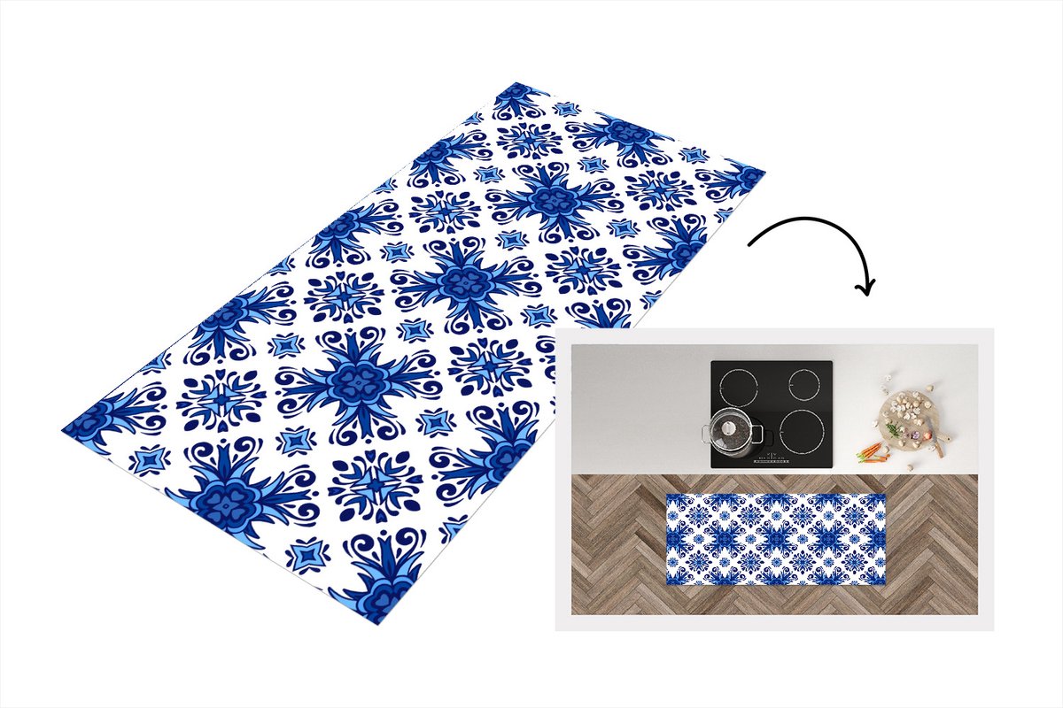 KitchenYeah Keukenloper - Loper keuken - Tegel - Bloem - Blauw - Patroon - 120x50 cm - Keukenloper vinyl Multicolor