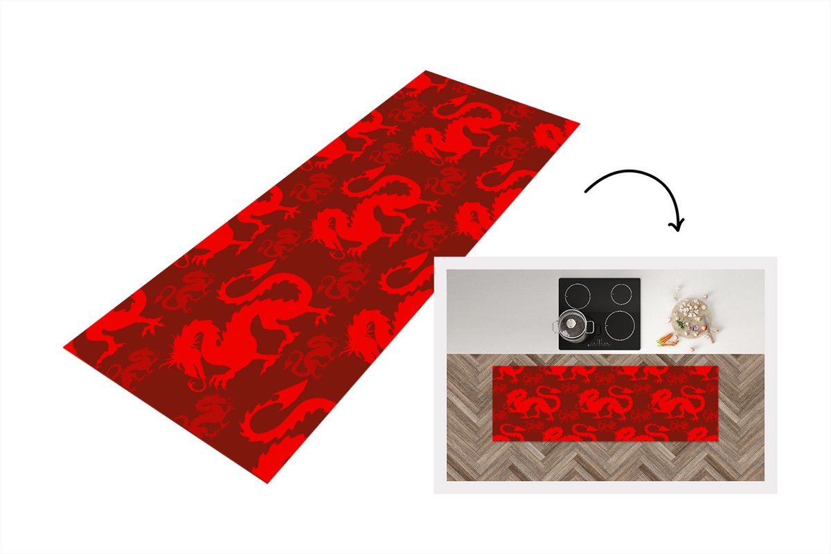 KitchenYeah Keukenloper - Loper keuken - Draak - Rood - Patronen - 180x60 cm - Keukenloper vinyl Multicolor