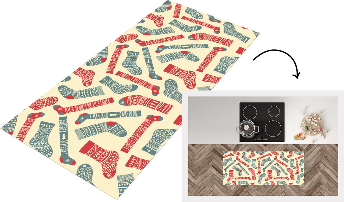 KitchenYeah Keukenloper - Loper keuken - Kerst - Sokken - Patronen - 120x50 cm - Keukenloper vinyl Multicolor