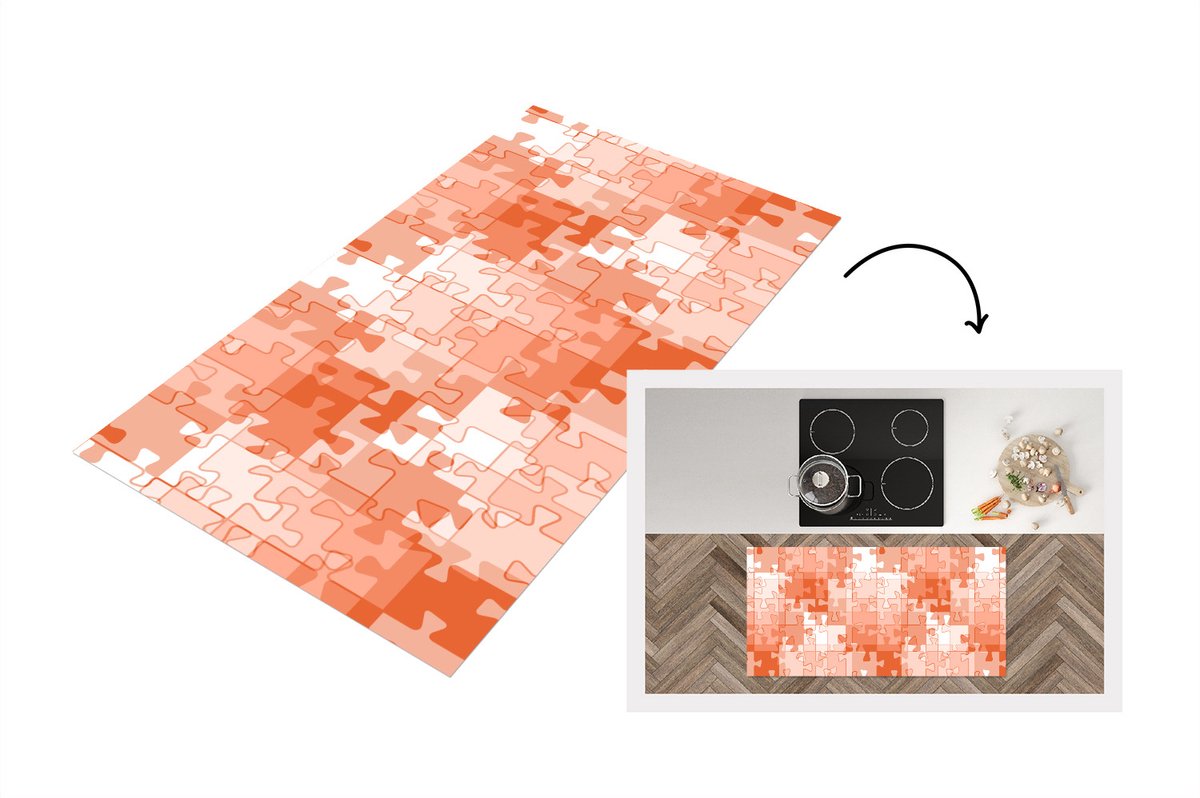 KitchenYeah Keukenloper - Loper keuken - Puzzel - Oranje - Patronen - 120x60 cm - Keukenloper vinyl Multicolor