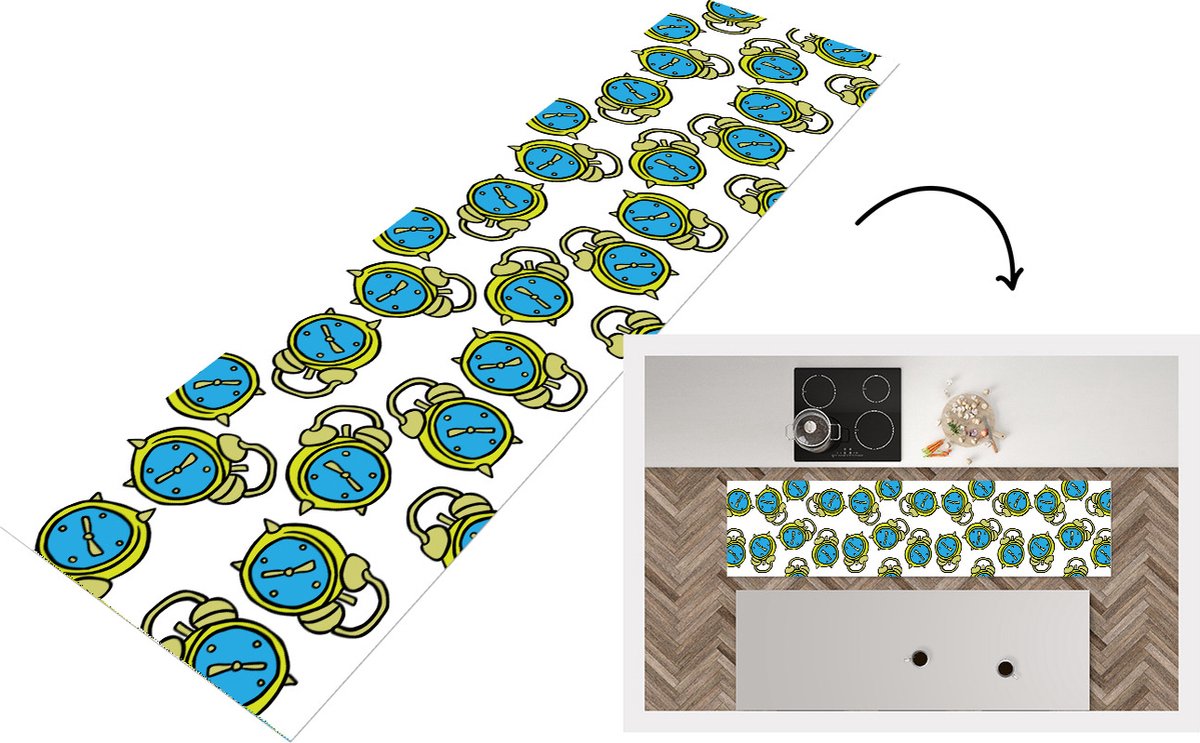 KitchenYeah Keukenloper - Loper keuken - Wekker - Patroon - Cartoon - Slapen - 200x50 cm - Keukenloper vinyl Multicolor