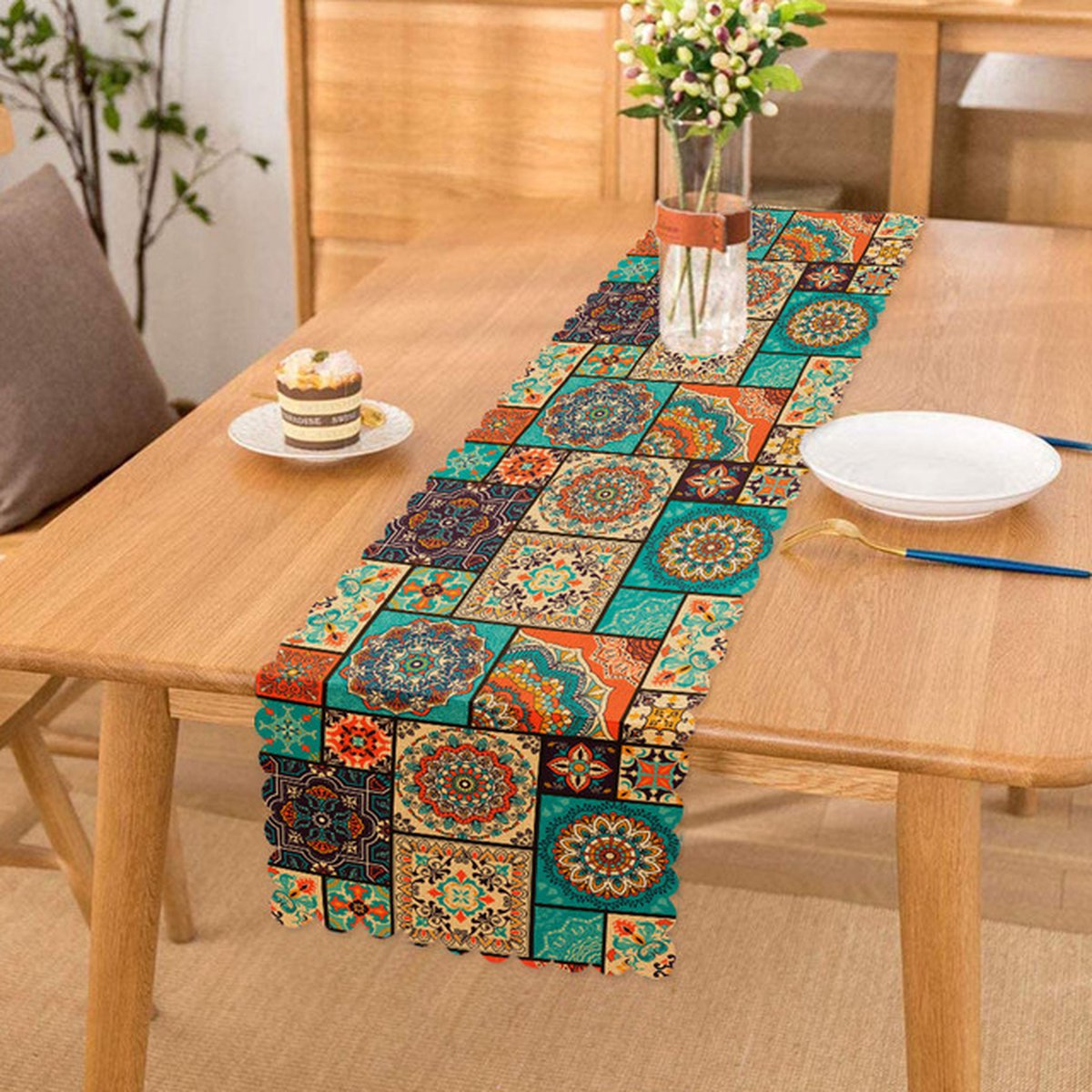 Bedrukt Velvet Textiel Tafelloper 45x220 - Blauwe&Oranje Mandala - Fluweel - De Groen Home
