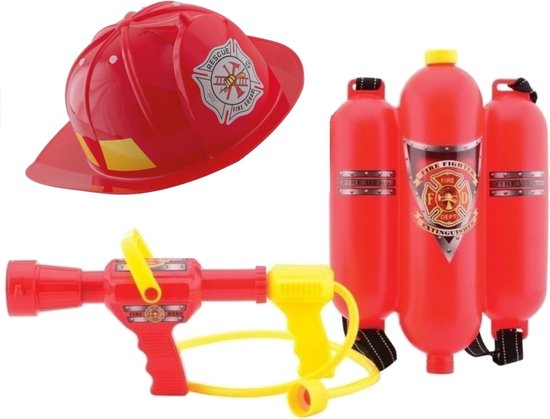 trui vis Beheren Brandweer verkleed set - helm met brandblusser spuit rugzak - Kan echt  water spuiten | bol.com