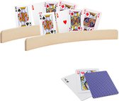 2x stuks Speelkaarthouders - inclusief 54 speelkaarten blauw geruit - hout - 35 cm - kaarthouders