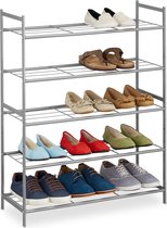 Relaxdays stapelbaar schoenenrek - 5 laags - schoenenstandaard metaal - schoenen organizer - zilver