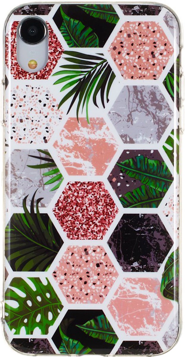 Peachy Zeshoeken Print Zacht TPU hoesje geschikt voor iPhone XR cover - bladeren en Marmer