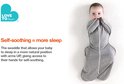 Baby in grijze Swaddle UP slaapzak met armen omhoog, met een tekst over zelf-kalmering en meer slaap.
