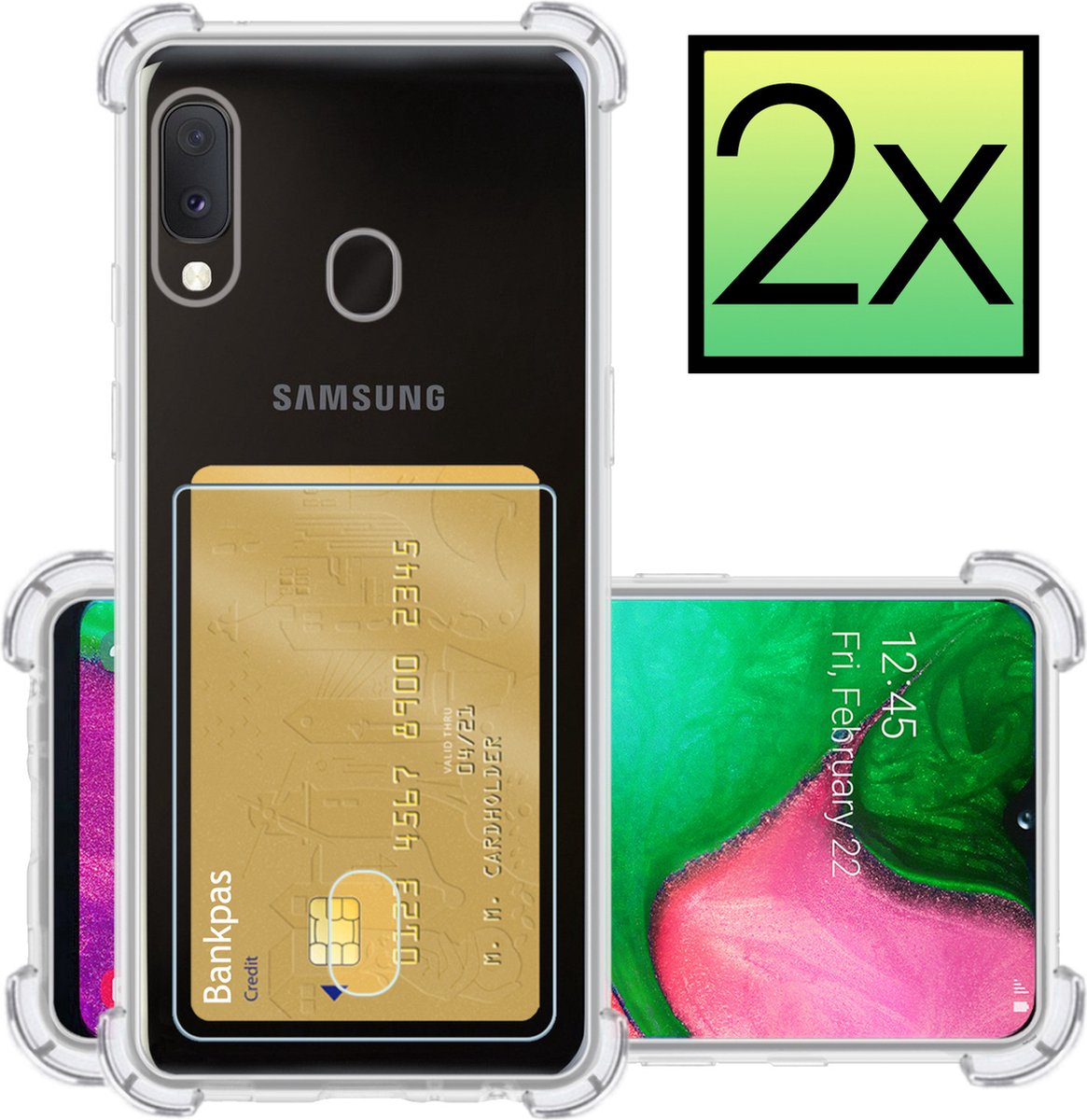Hoesje - 2 Stuks - Geschikt voor Samsung Galaxy A20e - Met Pashouder en Kaarthouder - Telefoon Hoes Shockproof - Siliconen Case - Back Cover - Shock Proof - Pasjes Houder - Transparant