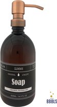 Zeepdispenser | Zeeppompje | Soap | amber plastic | 500ml | Vintage label | Koper kleur metaal pomp | PET