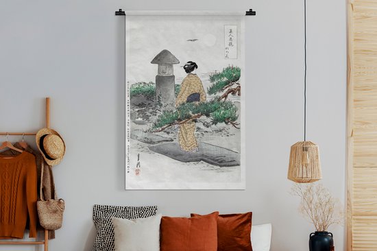 Wandkleed - Wanddoek - Japan - Vrouw - Kimono - Natuur - Tuin - 120x180 cm - Wandtapijt