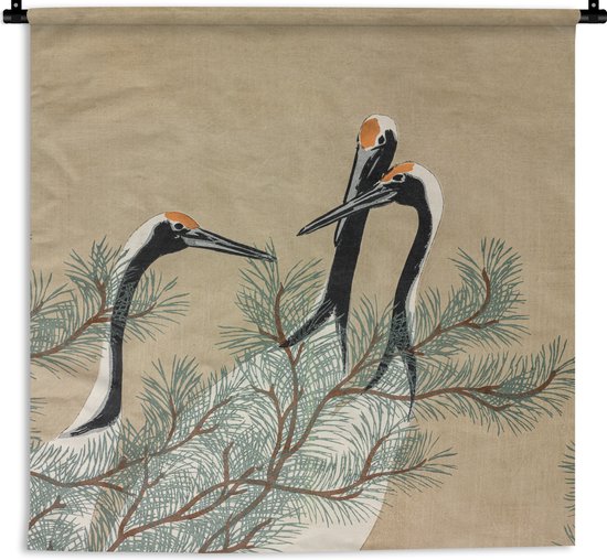 Wandkleed - Wanddoek - Bladeren - Kraanvogel - Japans - Vintage - 90x90 cm - Wandtapijt