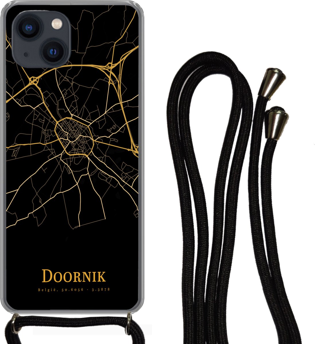 Telefoonkoord - Telefoonketting - Hoesje met koord iPhone 13 Mini - Doornik - Kaart - Goud - Siliconen - Crossbody - Telefoonhoesje met koord