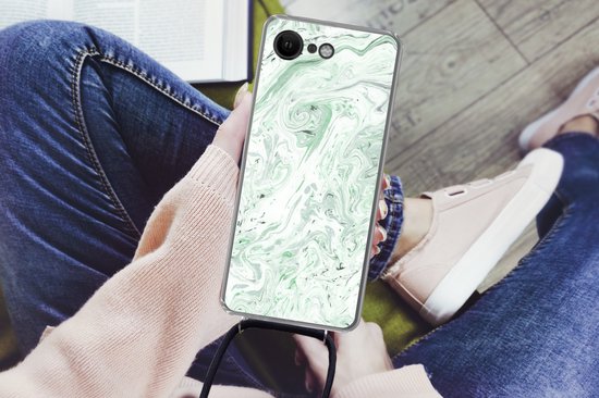 Coque avec cordon iPhone SE 2020 - Imprimé marbré - Vert - Wit - Siliconen - Bandoulière - Coque arrière avec cordon - Coque pour téléphone avec cordon - Coque avec corde