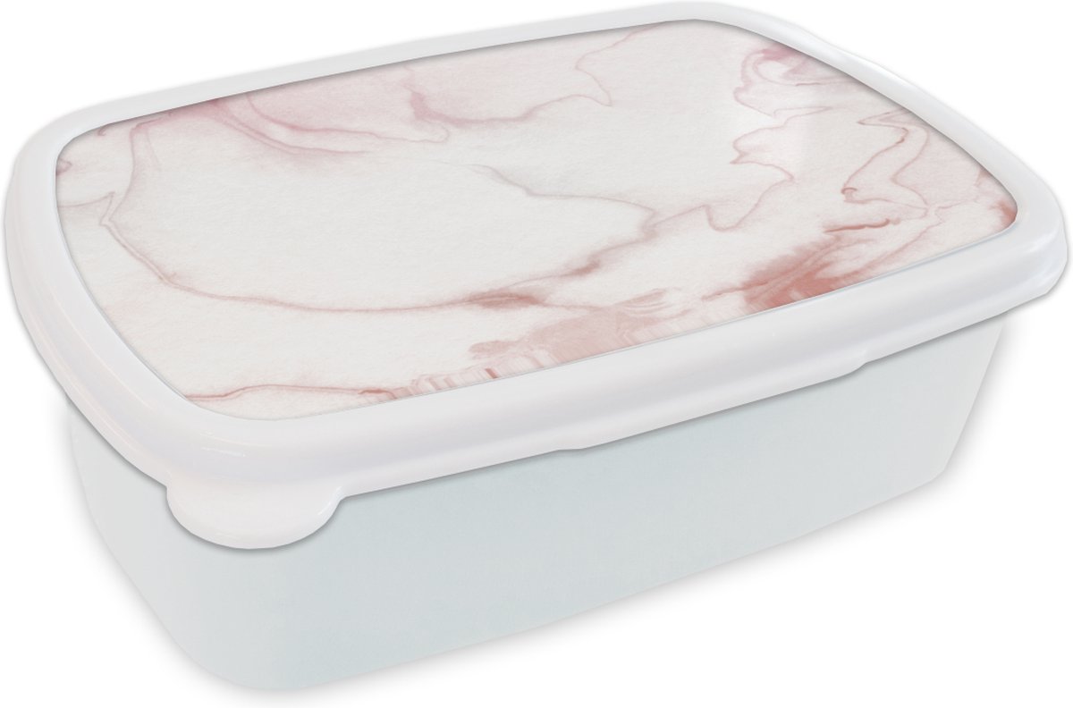 Broodtrommel Wit - Lunchbox - Brooddoos - Marmer - Rood - Roze - 18x12x6 cm - Volwassenen