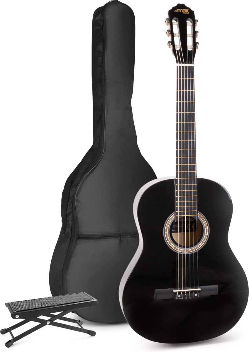 Akoestische gitaar voor beginners - MAX SoloArt klassieke gitaar / Spaanse gitaar met o.a. 39'' gitaar, voetsteun, gitaartas, gitaar stemapparaat en extra accessoires - Zwart