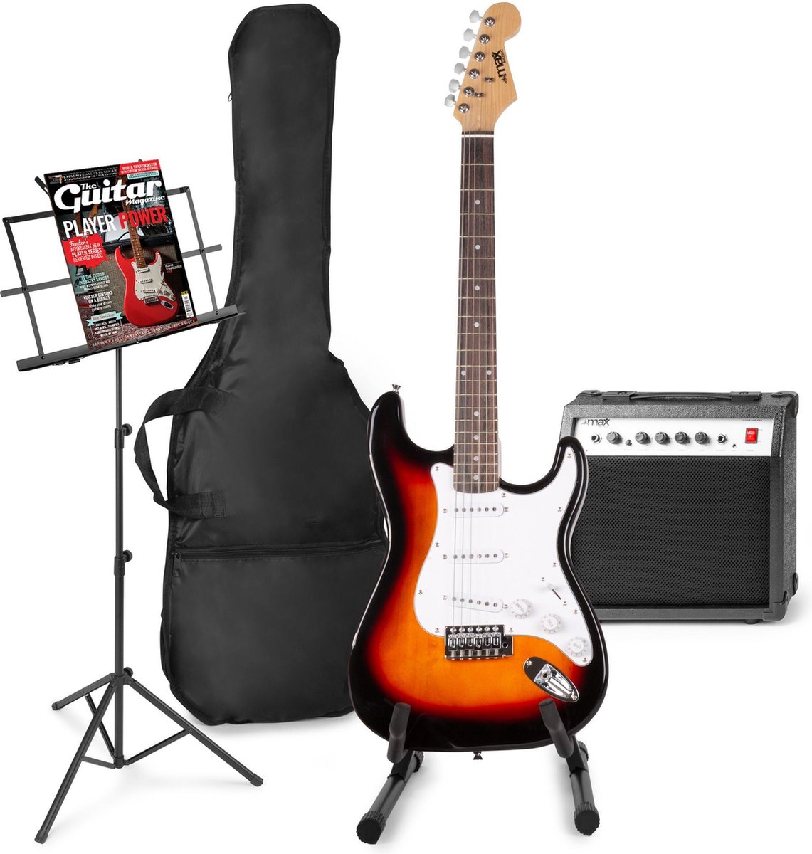 Elektrische gitaar met gitaar versterker - MAX Gigkit - Perfect voor beginners - incl. gitaar standaard, muziekstandaard, gitaar stemapparaat, gitaartas en plectrum - Sunburst
