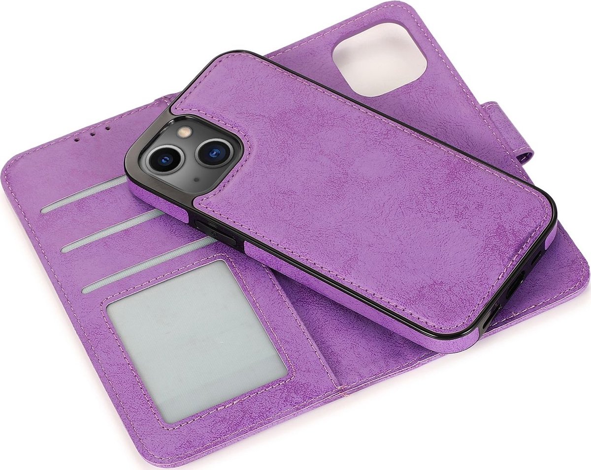 Mobigear Telefoonhoesje geschikt voor Apple iPhone 13 Hoesje | Mobigear Wallet Uitneembare 2in1 Bookcase Portemonnee | Pasjeshouder voor 3 Pasjes | Telefoonhoesje voor Pinpas / OV Kaart / Rijbewijs - Paars