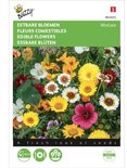 Een mengsel van eetbare bloemen met gele, witte, rode en roze bloemen.