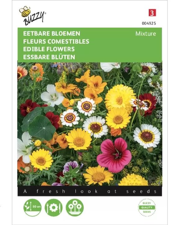 Een mengsel van eetbare bloemen met gele, witte, rode en roze bloemen.