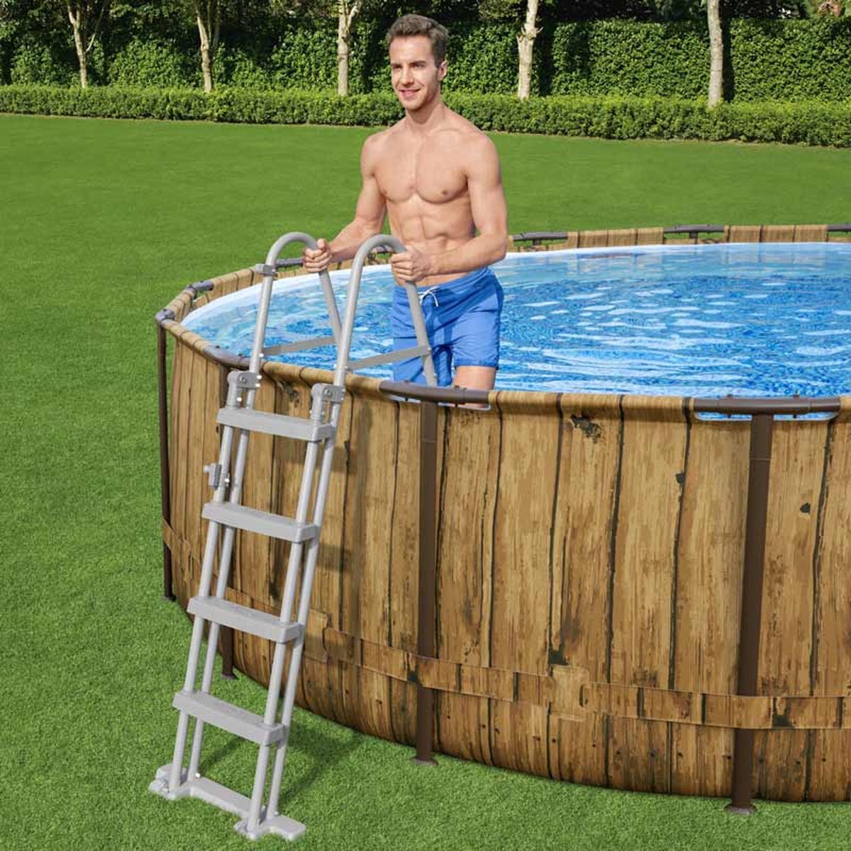 Bestway - Power Steel Swim Vista - Opzetzwembad inclusief filterpomp en accessoires - 488x122 cm - Houtprint - Rond — afbeelding 15