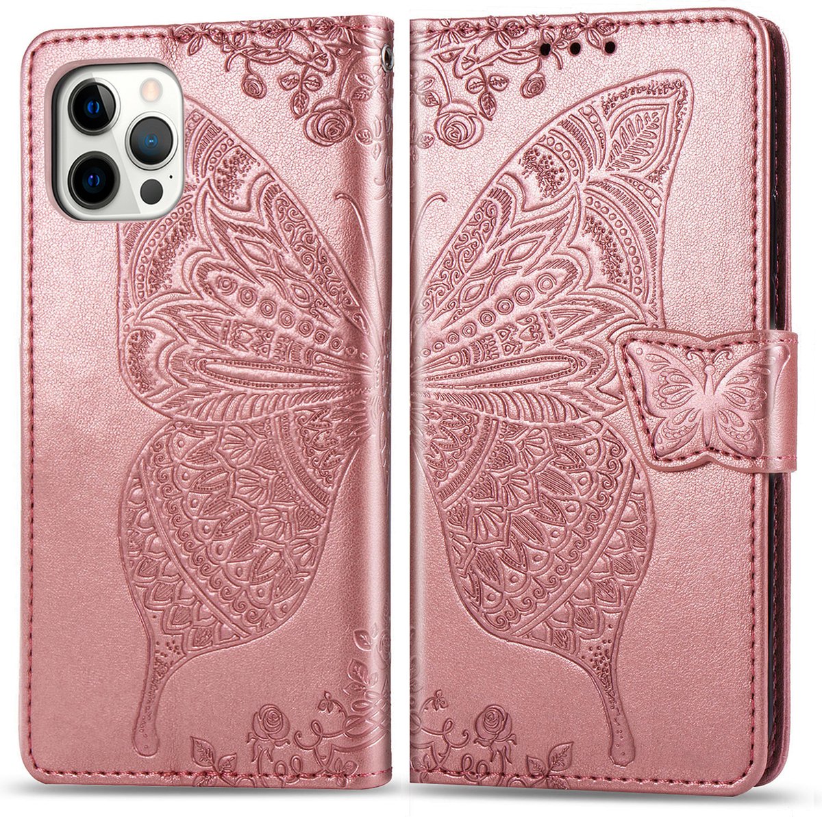 Bookcase geschikt voor Apple iPhone 12 / 12 Pro - Roze - Vlinder - Portemonnee Hoesje