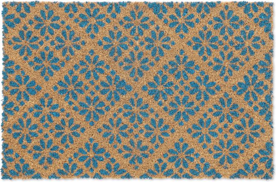 Relaxdays deurmat floraal - voetmat - kokos - 60 x 40 cm - patroon - bloemen - blauw