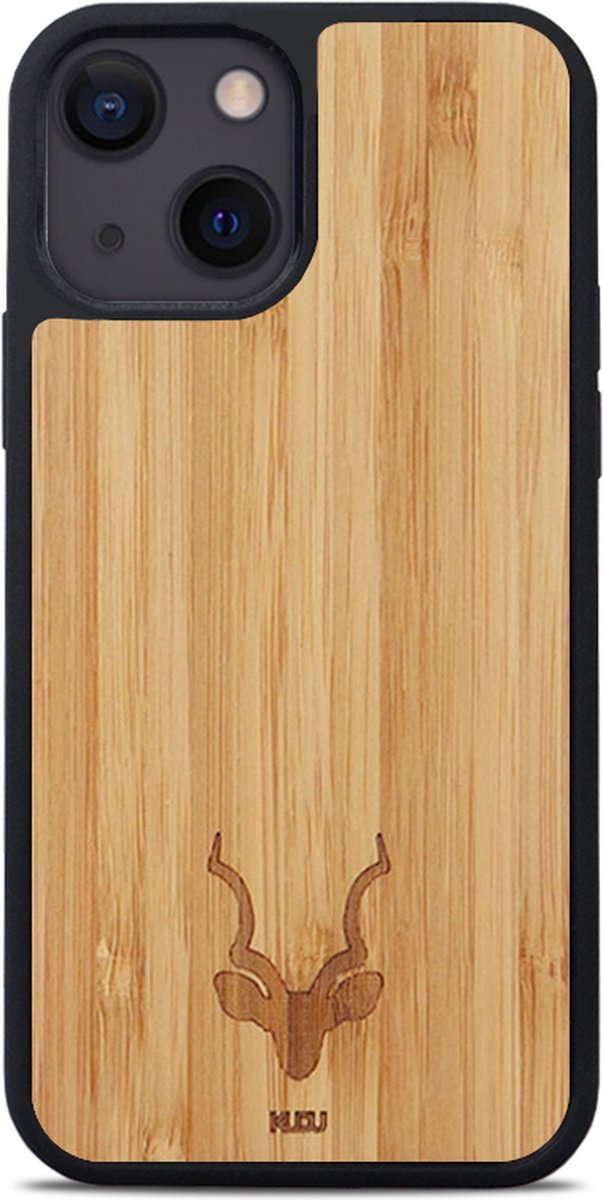 Kudu iPhone 13 hoesje case - Houten backcover - Geschikt voor opladen met magnetische ring - Handgemaakt en afgewerkt met duurzaam TPU - Bamboe - Zwart