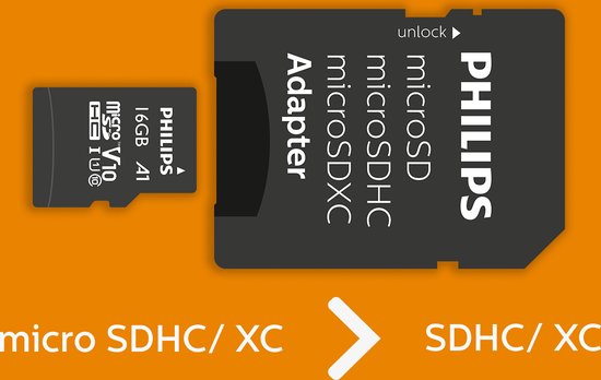 Philips 16GB micro SDHC kaart met adapter. Geschikt voor SDHC/XC.