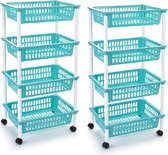 2x stuks opberger/organiser trolley/roltafel met 4 manden 85 cm turquoise blauw - Etagewagentje/karretje met opbergkratten