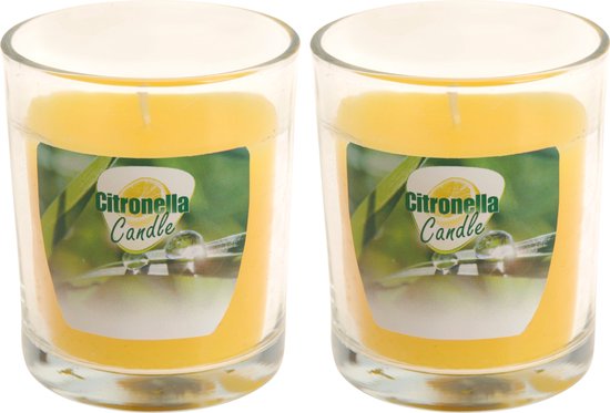 2x stuks citronella glazen tafelkaarsen geel 7 x 8 cm - Anti muggen/insecten kaars