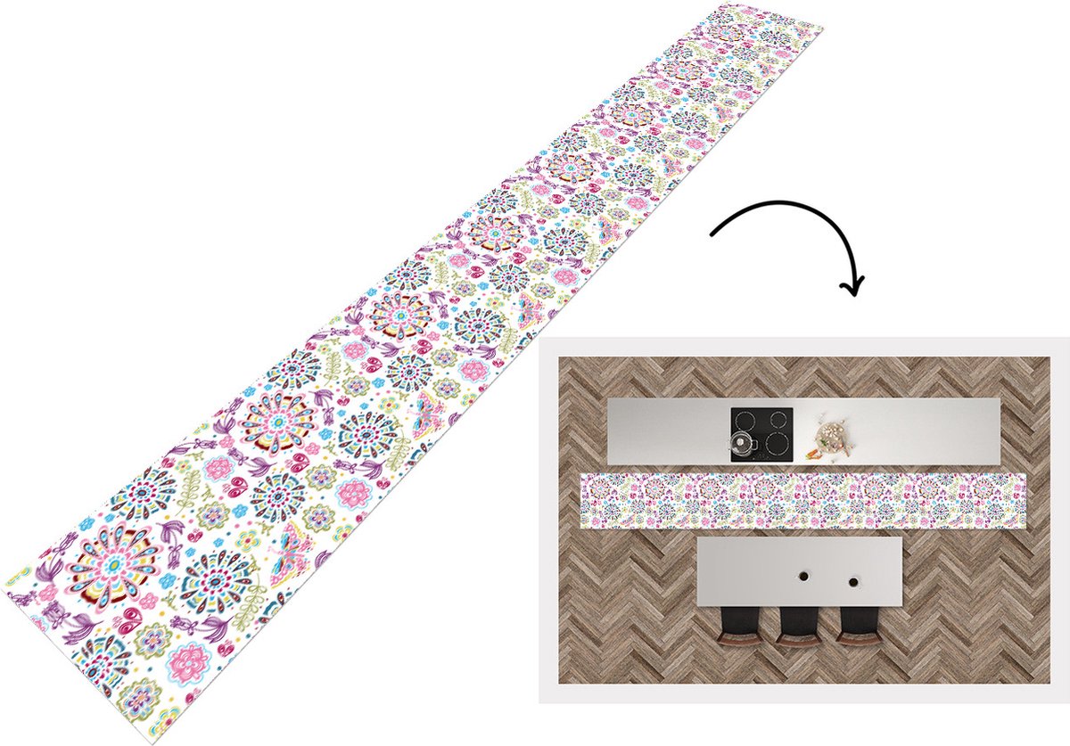 KitchenYeah Keukenloper - Keukenmat - Regenboog - Bloemen - Vlinder - Design - 480x60 cm - Keuken vloerkleed Multicolor