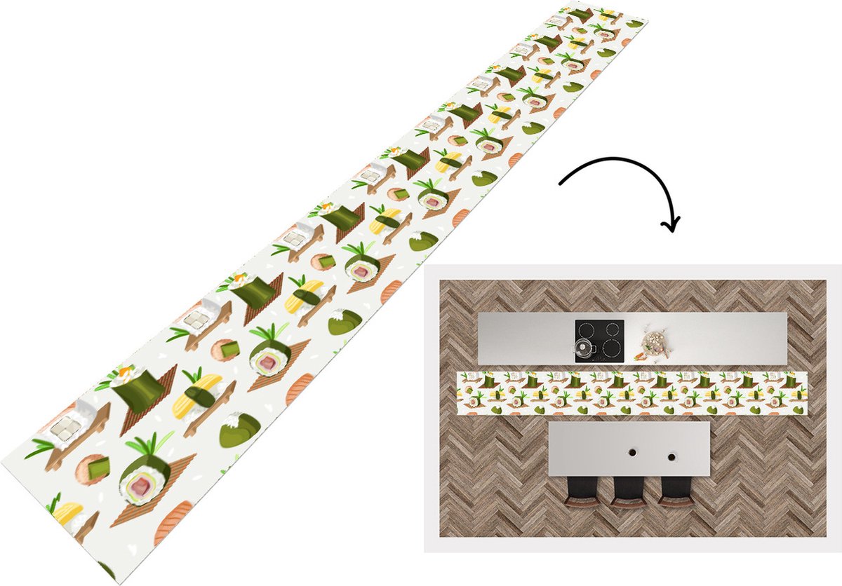 KitchenYeah Keukenloper - Keukenmat - Sushi - Patronen - Eten - 400x50 cm - Keuken vloerkleed Multicolor