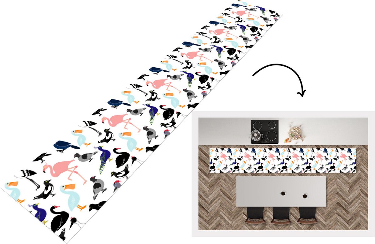 KitchenYeah Keukenloper - Keukenmat - Patronen - Vogel - Flamingo - 360x60 cm - Keuken vloerkleed Multicolor