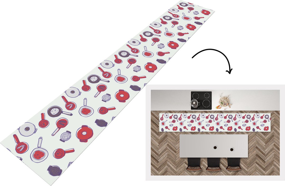KitchenYeah Keukenloper - Keukenmat - Patroon - Koken - Pan - Eten - Keuken vloerkleed Multicolor