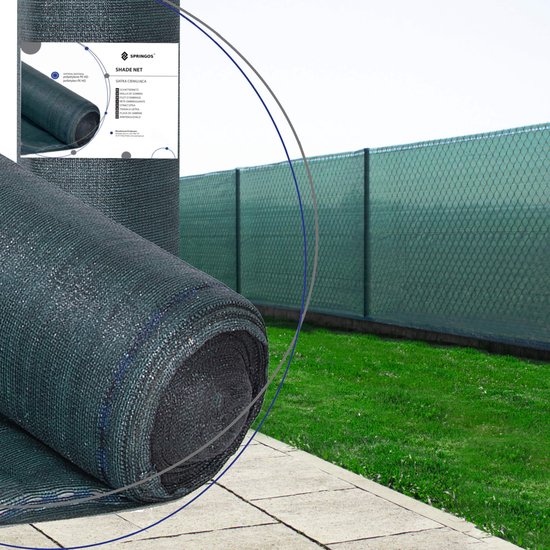 Rol donkergroen schaduwdoek met een cirkel met productinformatie. Op de achtergrond een schutting van schaduwdoek.