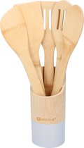 Keukengerei 5-delig 30 cm in houder naturel/grijs van bamboe - Pollepels - Spatels - Keukenspatels