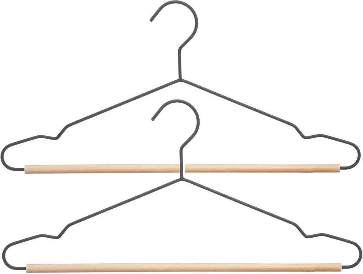 Set van 10x stuks kledinghangers metaal/hout zwart 44 x 19 cm - Kledingkast hangers/kleerhangers