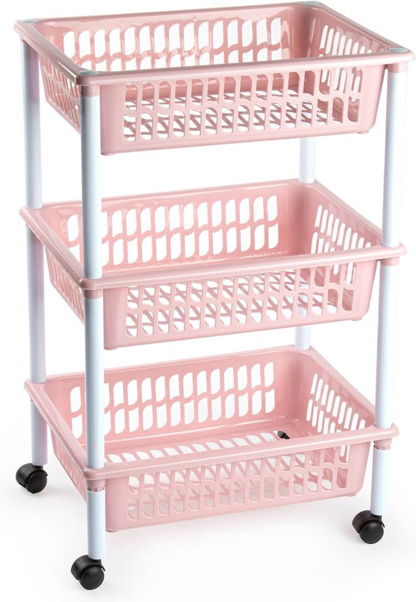 Opberg organiser trolleys/roltafels met 3 manden 62 cm in het oud roze - Etagewagentje/karretje met opbergkratten