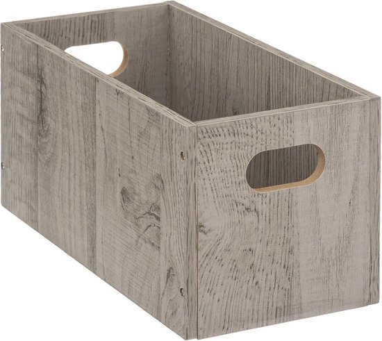 Panier de rangement en bois gris avec poignées des deux côtés, motif bois vieilli.