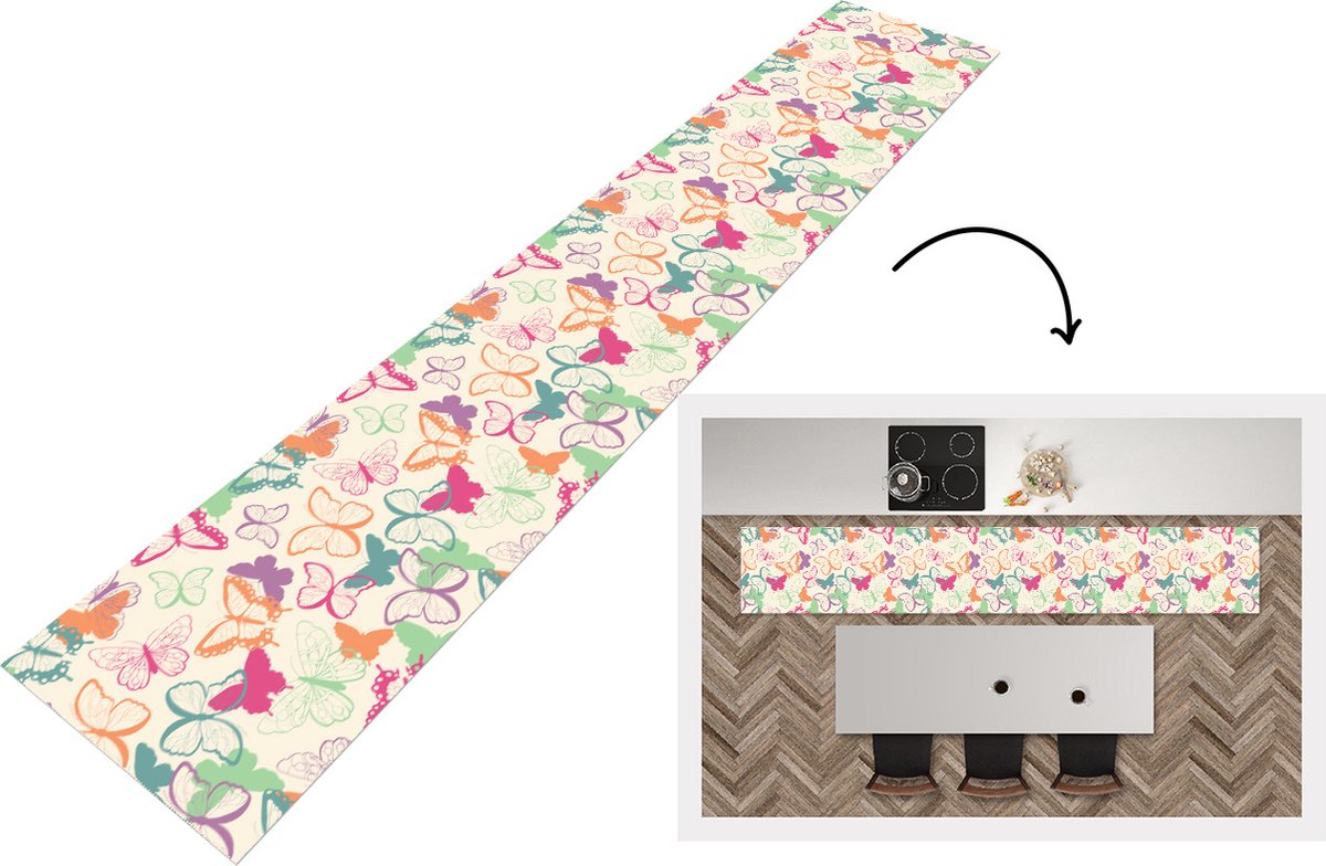 KitchenYeah Keukenloper - Keukenmat - Vlinders - Patronen - Insecten - 360x60 cm - Keuken vloerkleed Multicolor