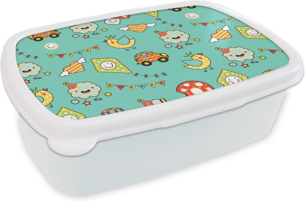 Broodtrommel Wit - Lunchbox - Brooddoos - Patroon - Kinderen - Auto - Vogel - 18x12x6 cm - Volwassenen