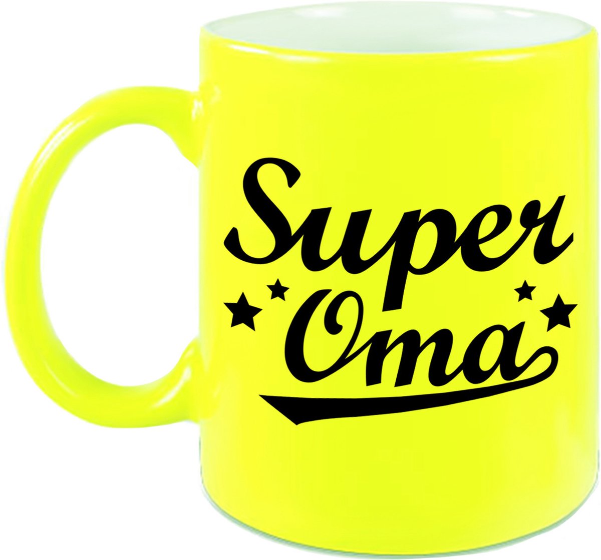 Super oma tekst cadeau mok / beker - 330 ml - neon geel - kado koffiemok / theebeker